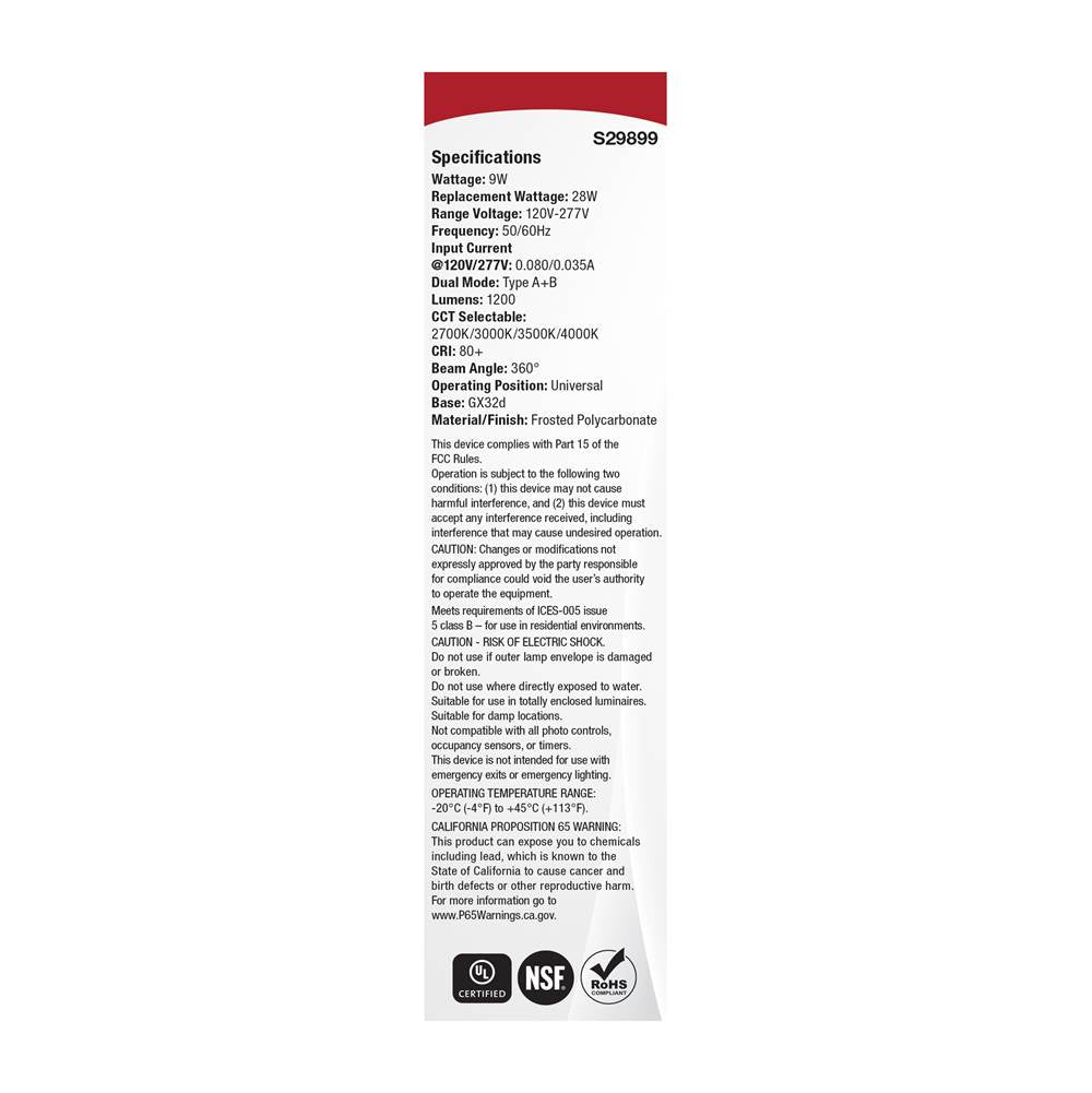 Satco S29899 White 9 Watt Plc Led - 27k/3k/35k/4k Cct - Gx32d Base - Omni - Type A/b - 120-277 Volt Image 4