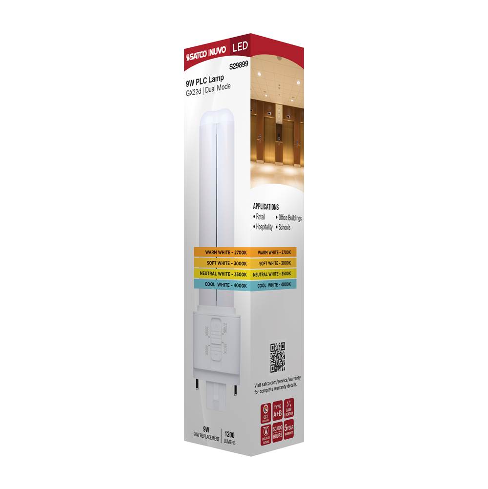 Satco S29899 White 9 Watt Plc Led - 27k/3k/35k/4k Cct - Gx32d Base - Omni - Type A/b - 120-277 Volt Image 2