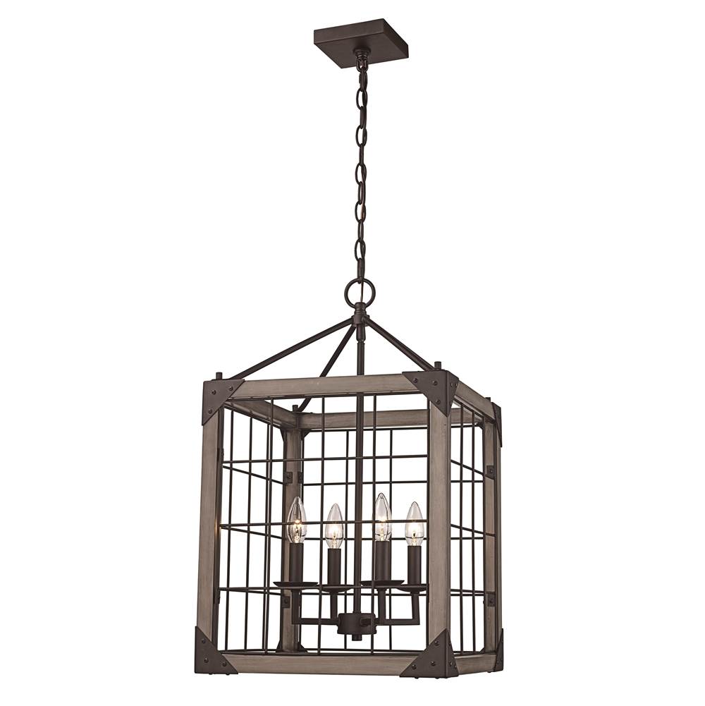 Trans Globe Lighting  4lt Pendant Rustic Grid Wood-r